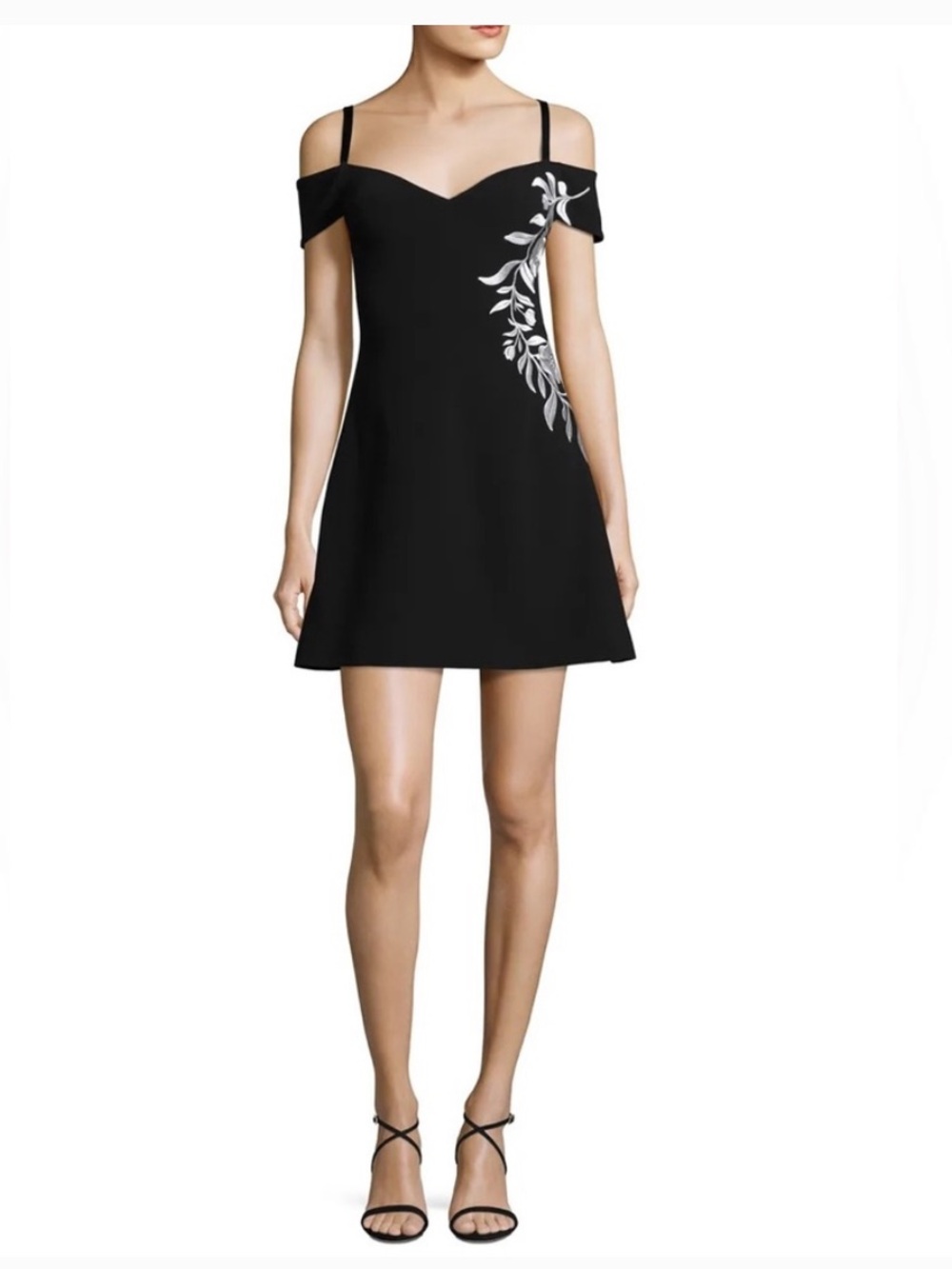 cinq a sept Black Off-Shoulder Mini Dress with White Floral Embroidery